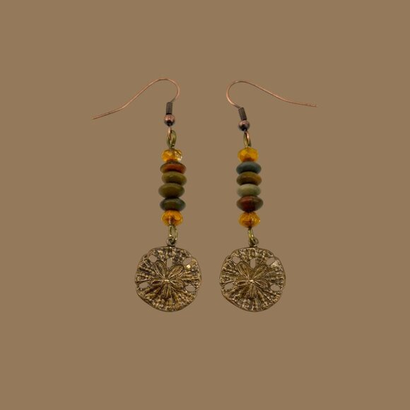 Rustic Natural Brass Sand Dollar Earrings Jasper Beaded Czech Glass Copper Hooks - Picture 4 of 10